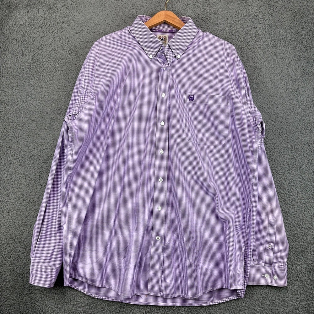 Cinch Mens Large Purple Gingham Plaid Long Sleeve Button Down Shirt Cotton‎